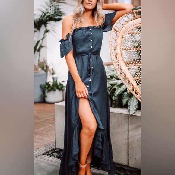 Magnolia Boutique Off The Shoulder Button Down High Low Maxi Dress, Navy, Small - Picture 4 of 9